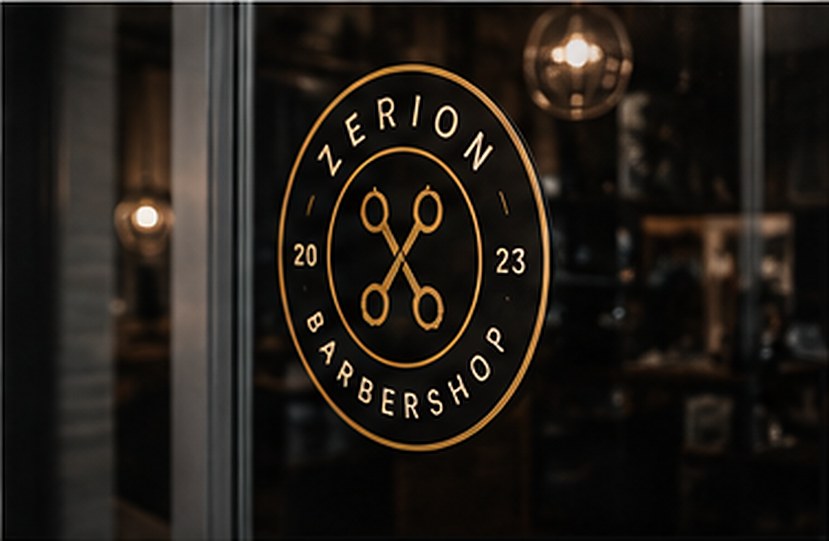 Zerion Barbershop logo op de ruit
